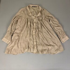 Notations Tunic Top Women's 1X Beige Button Front Rayon Pleated Long Sleeve **